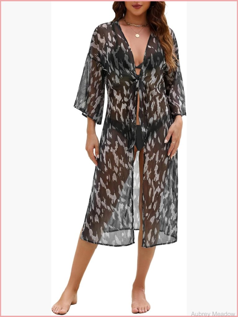 Long Sheer Tie Front Flare Sleeve Kimono Cardigan Coverup